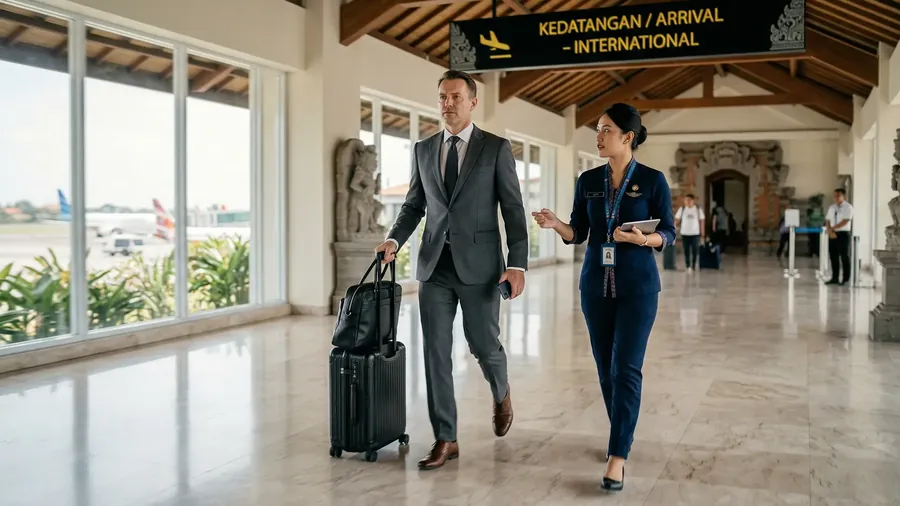 Airport greeter meeting a traveller with a suitcase in the arrivals hall