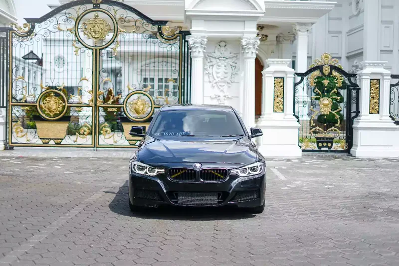 Black executive saloon photographed head-on at an ornate gate