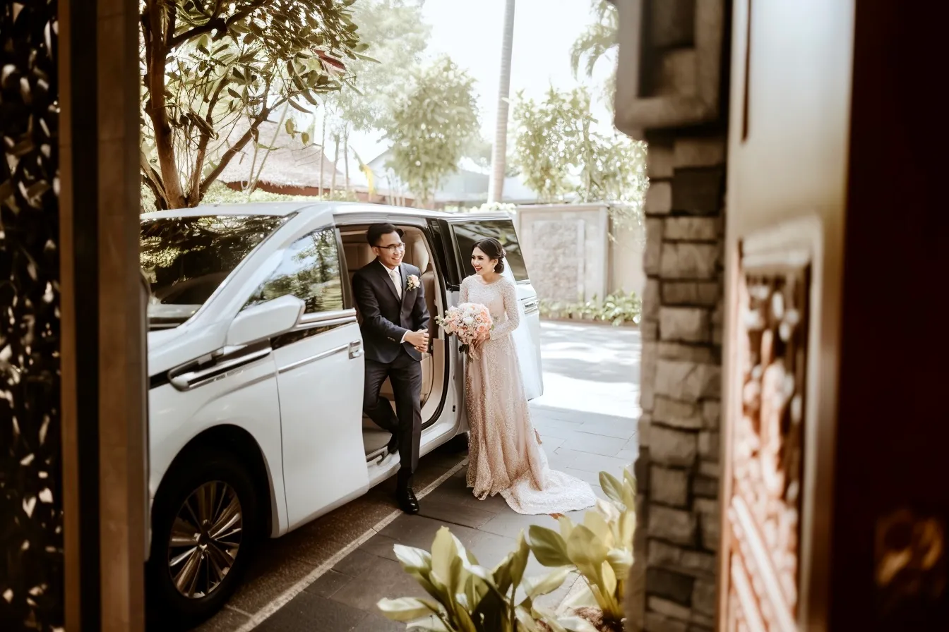 Couple stepping out of a white MPV at a wedding venue