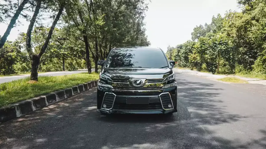 Black Toyota Vellfire photographed head-on on an open tree-lined road