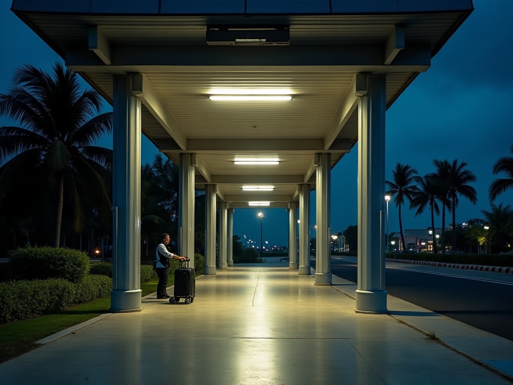 Empty covered arrivals kerbside walkway at Ngurah Rai airport in Bali at night
