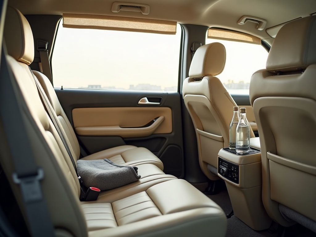 Cream leather captain's chairs in the rear cabin of a chauffeured executive van with the side curtain half drawn