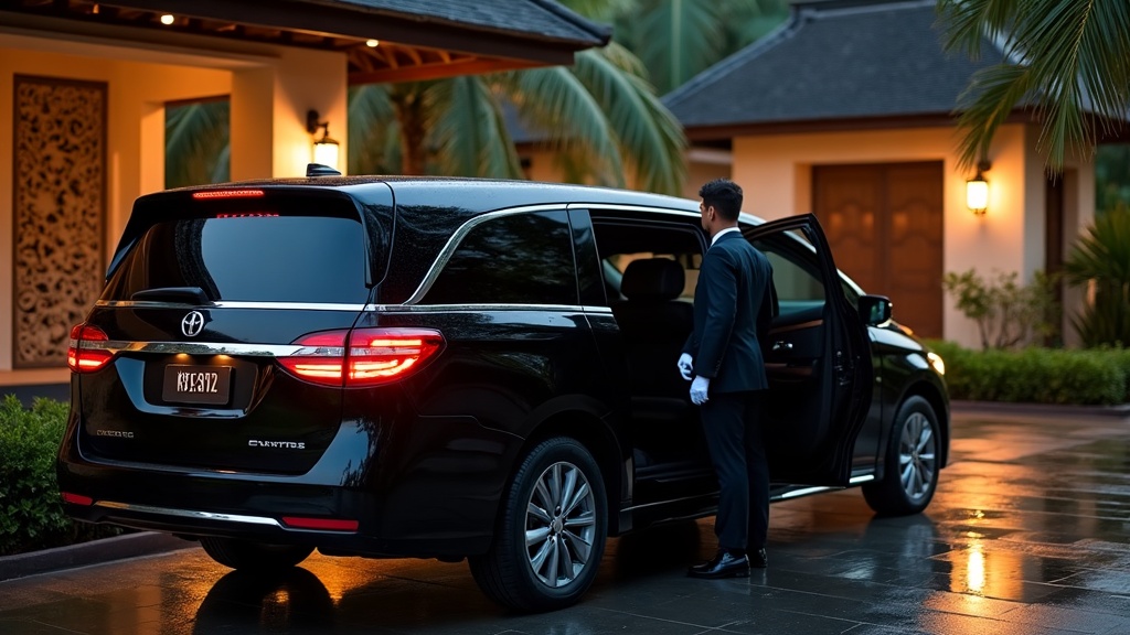 Black chauffeured executive MPV waiting with its rear door open at a covered Bali hotel porte-cochere at dusk